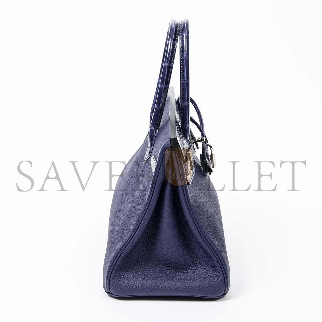 H**mes master birkin 25 crocodile and togo leather storm blue silver buckle h076216ck23 (25*20*13cm)